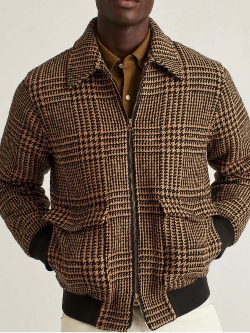 Bonobos Houndstooth Wool Bomber Jacket Medium Brown Black Zip Up Italian Fall